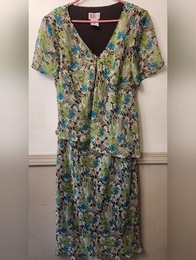 R&K Green and Blue Floral 90's Women’s Dress 14W